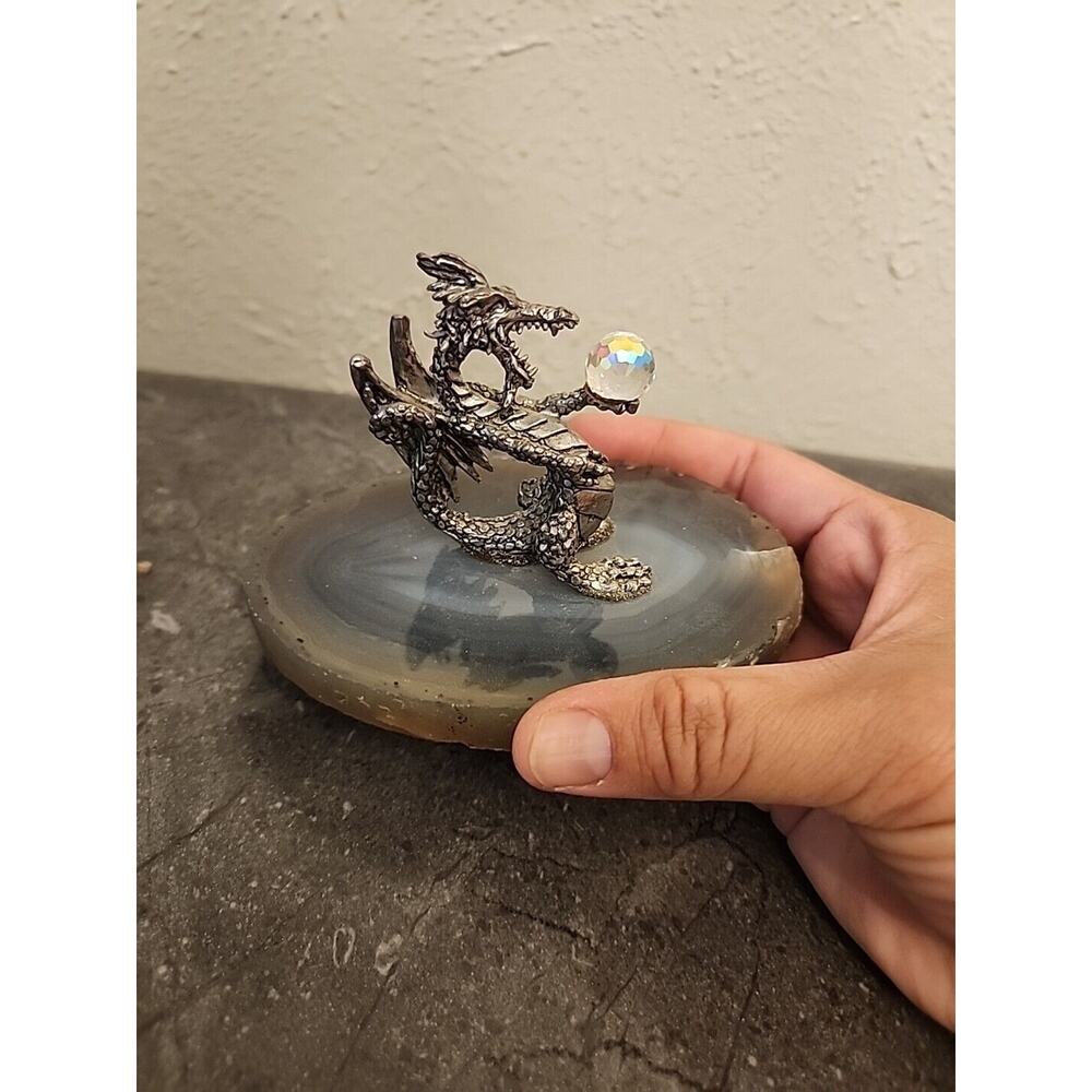 Pewter Dragon Crystal Ball Figure On Agate‎ Slice Vtg